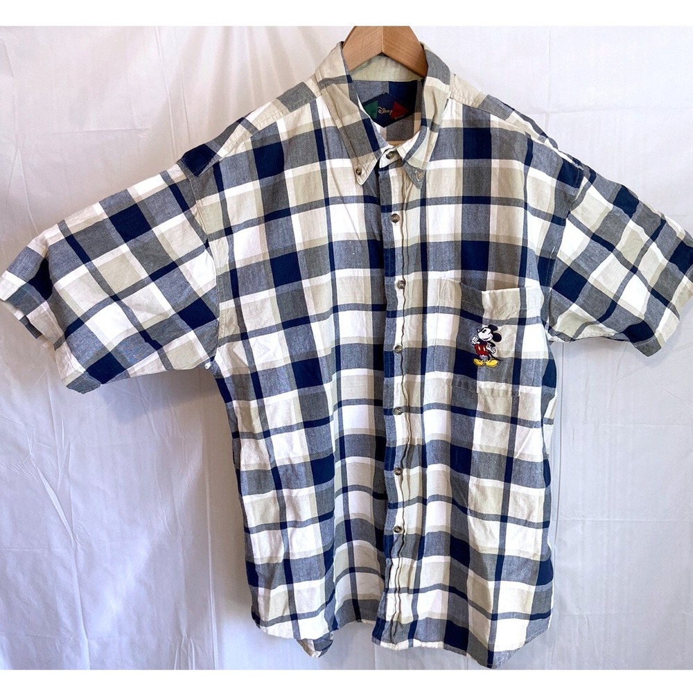 Disney Catalog XL Mickey Mouse Embroidered Plaid Short Sleeve Shirt Navy Tan‎
